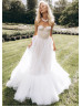 Two Piece Blush Satin Ivory Tulle Fashionable Wedding Dress